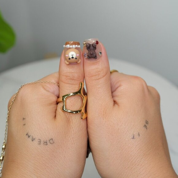 tipsy | Handmade Press-On Nails | Square Short | Beary Boujee | 3D Brown White - Picture 11 of 14